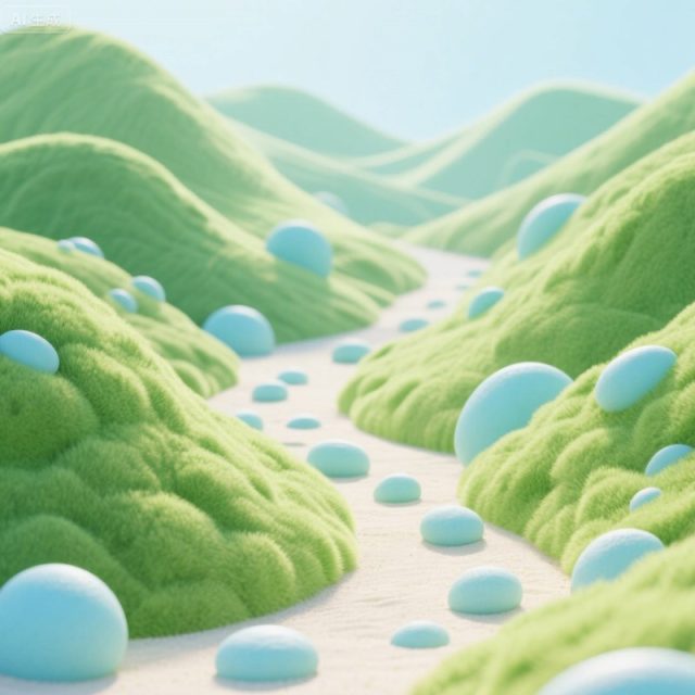 一个充满活力的山谷场景，由浅绿色山丘和浅蓝色圆形石头构成