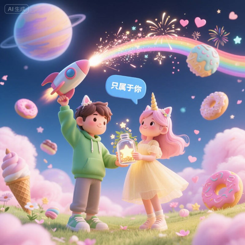 AI生成奇幻星球甜蜜氛围创意3D海报~附提示词/咒语
