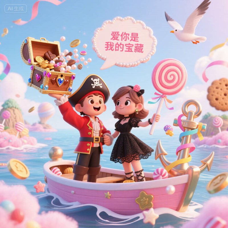 AI生成海盗宝箱船锚梦幻创意3D海报~附提示词/咒语