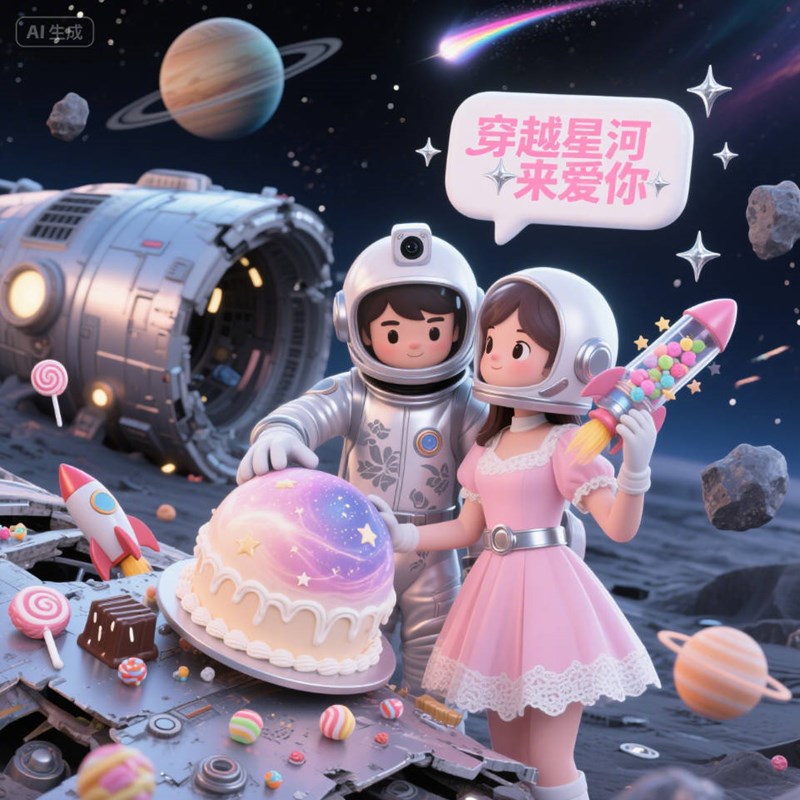AI生成宇宙宇航员浪漫创意3D海报~附提示词/咒语