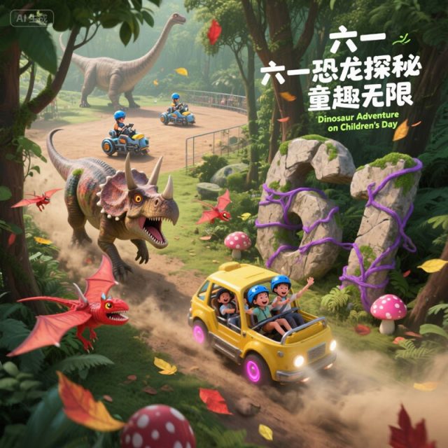 AI生成远古恐龙乐园创意3D海报~附提示词/咒语