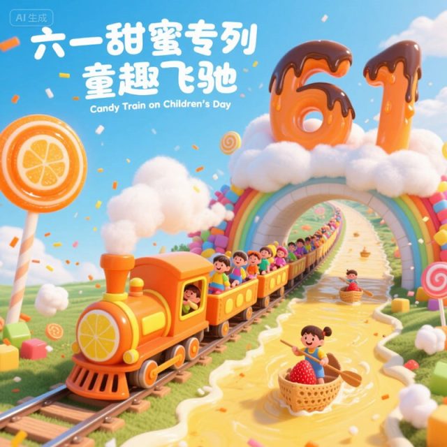 AI生成糖果蒸汽列车世界创意3D海报~附提示词/咒语