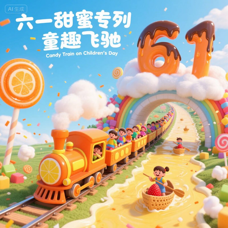 AI生成糖果蒸汽列车世界创意3D海报~附提示词/咒语