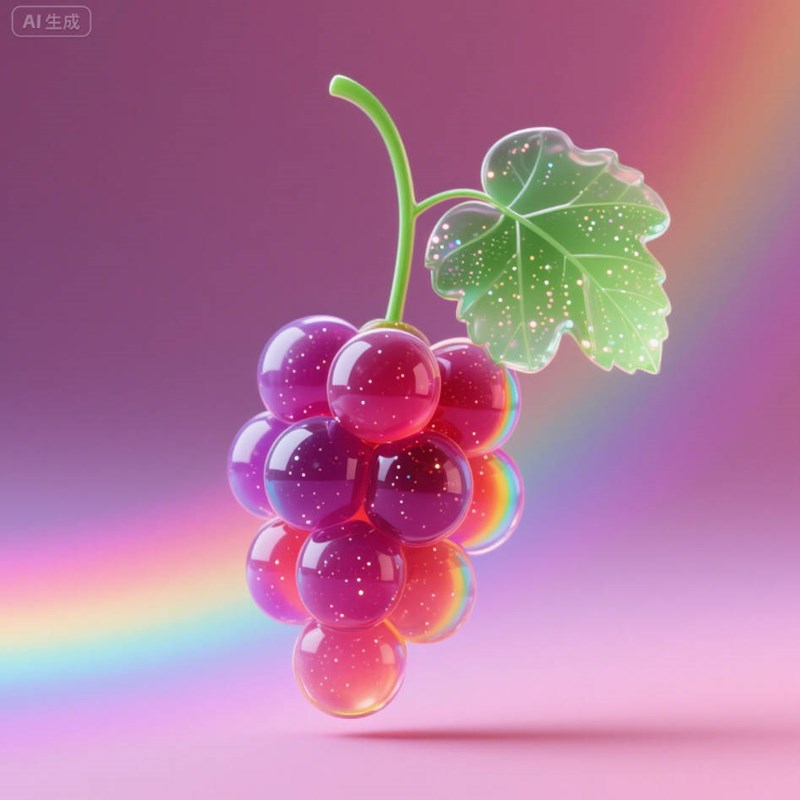 AI生成彩虹渐变透明玻璃葡萄~附提示词/咒语