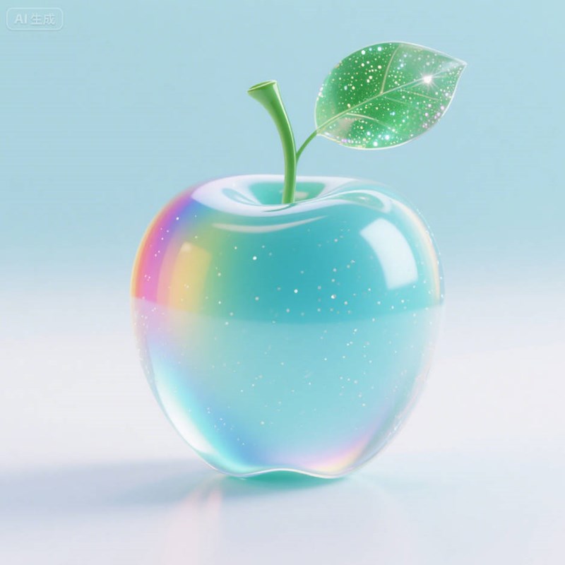 AI生成彩虹渐变透明玻璃青苹果~附提示词/咒语