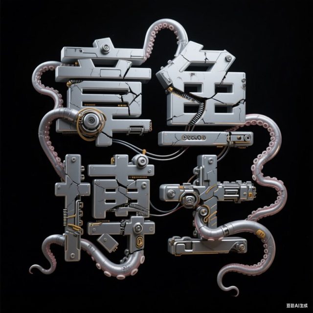 AI生成3D立体破损感金属触角创意字体~附提示词/咒语
