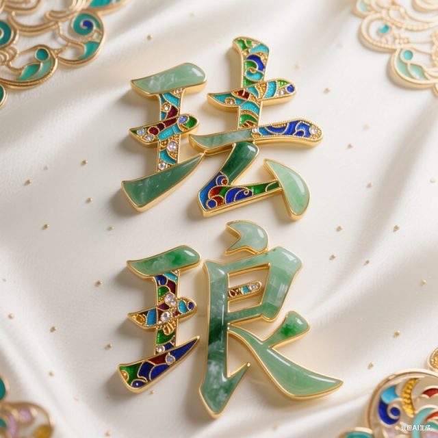 AI生成和田玉镶嵌彩色掐丝珐琅纹理字体~附提示词/咒语