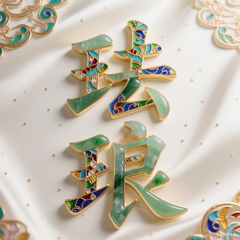 AI生成和田玉镶嵌彩色掐丝珐琅纹理字体~附提示词/咒语